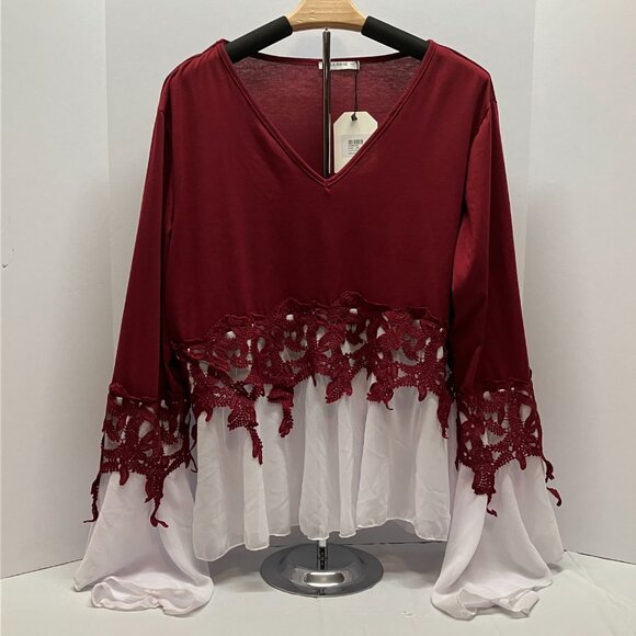Cellabie Womens Red Lace Crochet V Neck Top with White Flare Underlay Size‎ 2XL - Picture 2 of 7